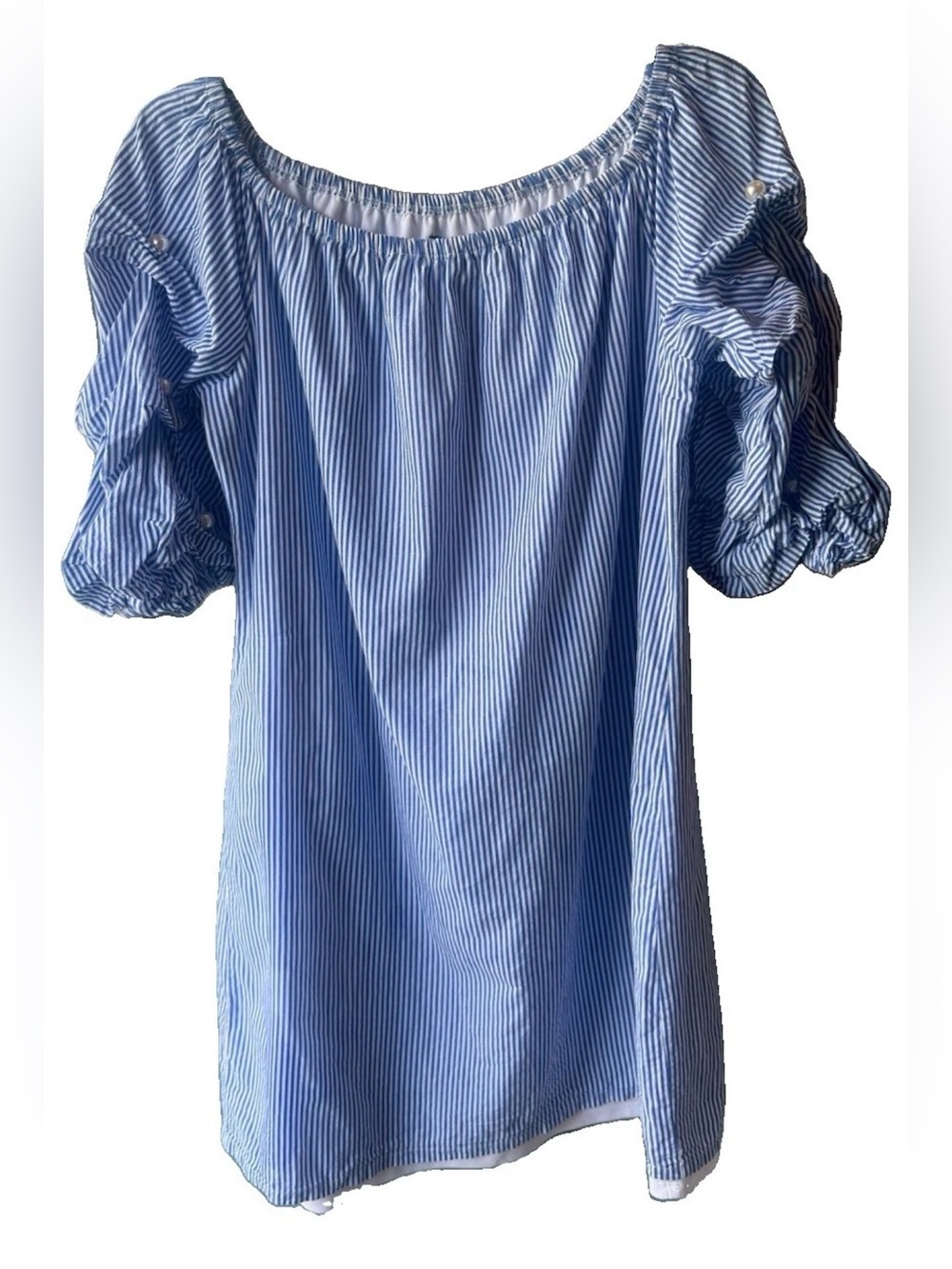 MSK Blue White Pinstripe Off Shoulder Mini Dress Medium Pearl Puff Sleeve Cotton